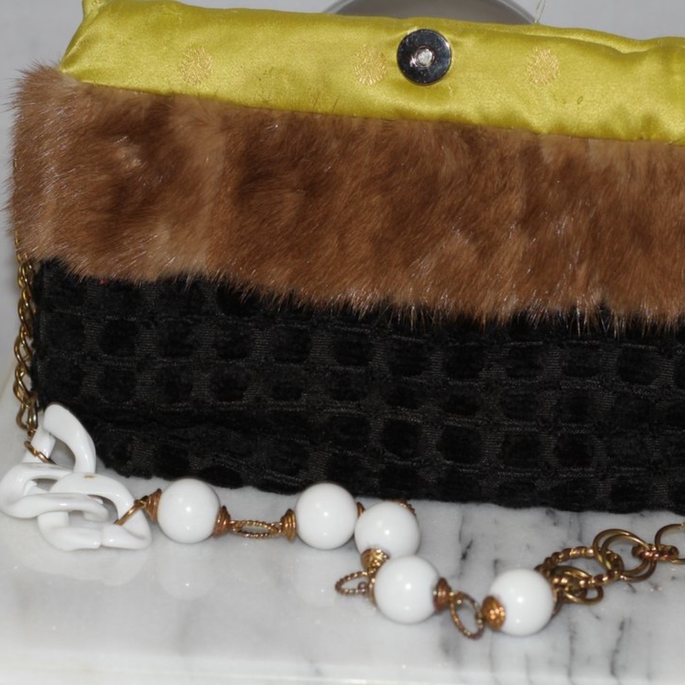 Bessie Bag Brocade Fabric with Real Fur Trim